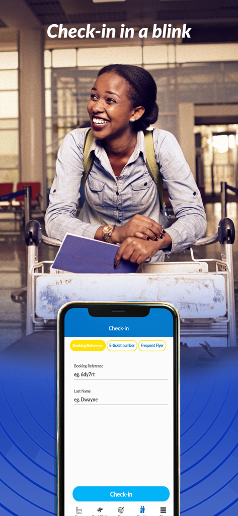 RwandAir - RwandAir mobile app check-in interface showing booking reference and last name fields