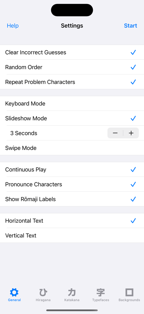 Settings menu for the Real Kana app showing study modes and text preferences