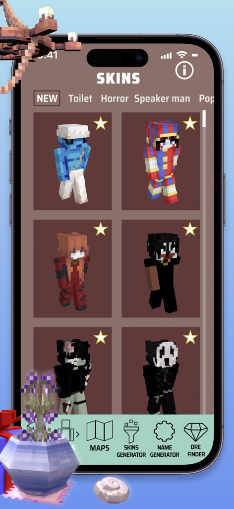 Addons and Ores for Minecraft - Galería de skins de personajes personalizadas de moda en la interfaz de la aplicación Addons y Minerales para Minecraft.