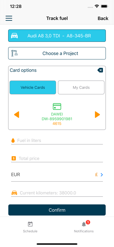 STAS Organizer - Interfaccia mobile di STAS Organizer per il tracciamento dei consumi di carburante del veicolo e dei registri del chilometraggio.