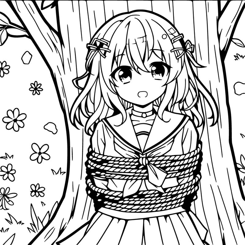 a anime girl tied to a tree