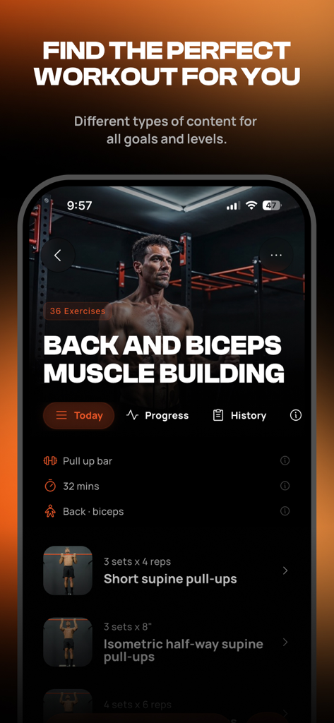 Calisteniapp mobile interface displaying a back and biceps muscle building workout routine with specific pull up exercises.