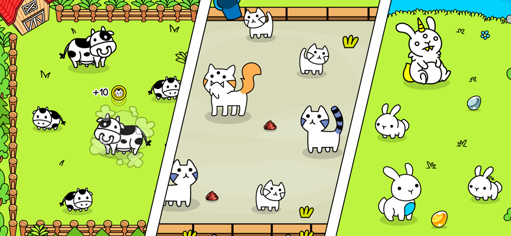 A split screen showing different mutant animals evolving in a doodle art style