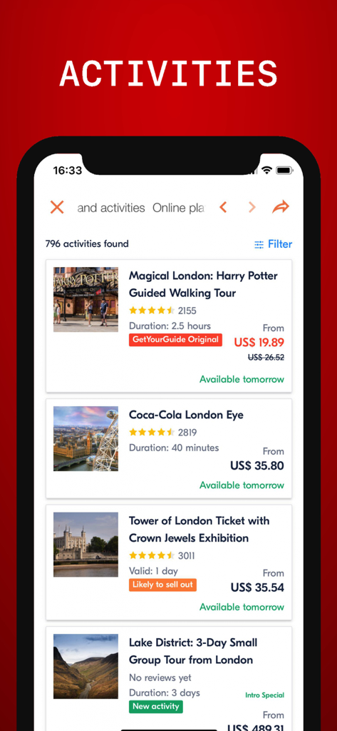 London Travel Guide with Map - 가격 및 등급과 함께 해리포터 도보 투어 및 런던 아이 티켓과 같은 런던 활동을 나열하는 모바일 앱 화면
