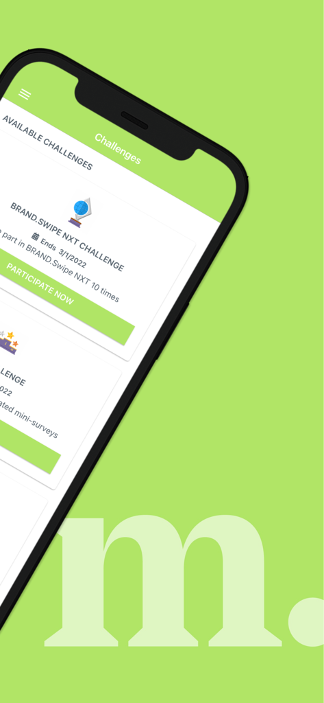 Interfaz de la aplicación Marketagent que muestra los desafíos de encuestas disponibles en un smartphone.
