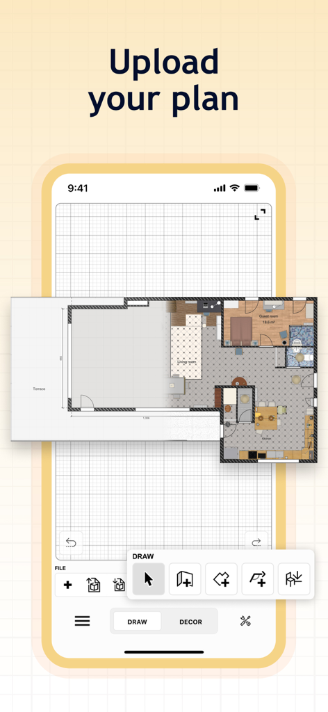 Sweet Home 3D: Plan Your House - デジタルグリッド上に間取り図をアップロードしてトレースする方法を示すモバイルアプリのインターフェース