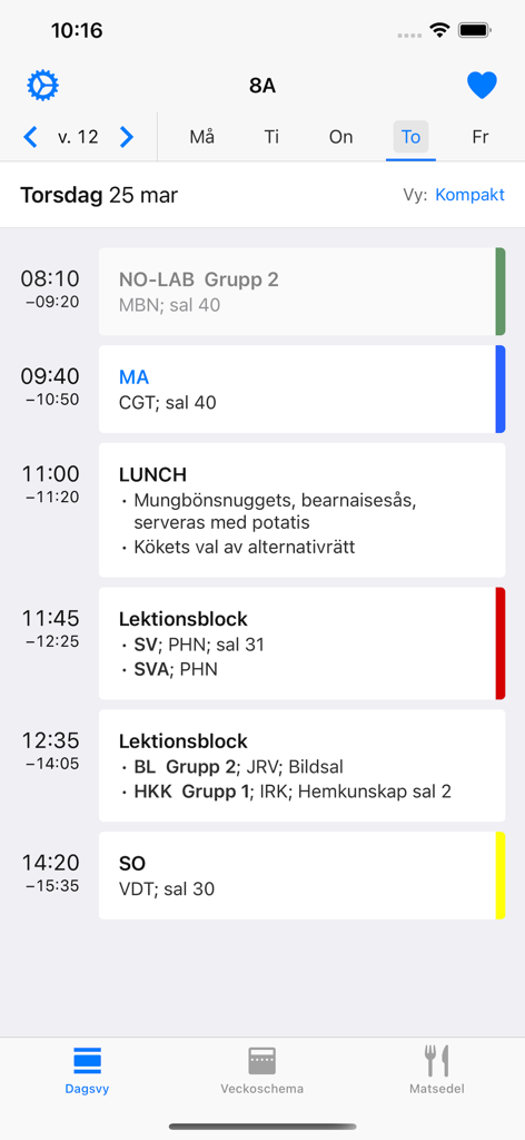 Skolschema – enkelt, smidigt - A mobile app interface displaying a student's daily school schedule with class times and a lunch menu.