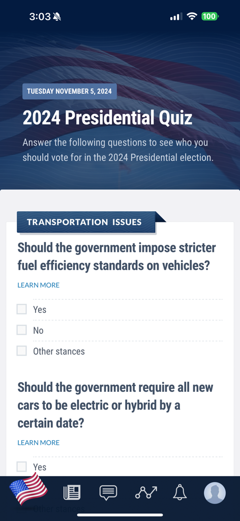 Mobile screen of the iSideWith app showing political quiz questions about transportation and fuel efficiency.