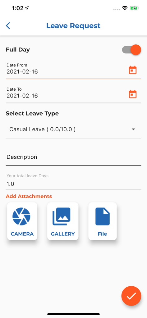 HRstation - Leave request screen in the HRstation app showing fields for date and leave type