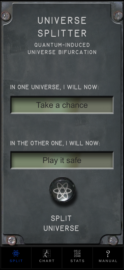 Main interface of Universe Splitter app with two choice fields and a split universe button on a metallic background