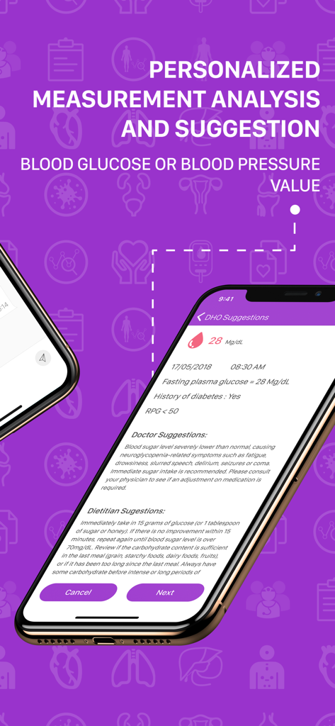 Interfaz de la aplicación Dr. Here Online que muestra sugerencias médicas y de dietista personalizadas para mediciones de glucosa en sangre