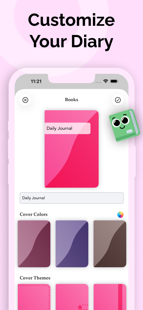 My Diary - Journal & Notes - 個人のダイアリーカバーの色やテーマをカスタマイズするオプションを表示するモバイルアプリ画面