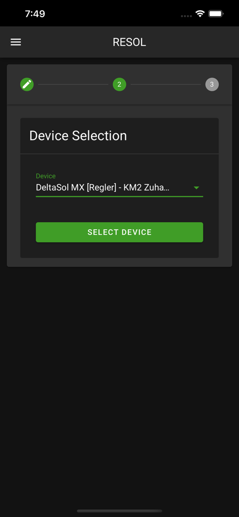 VBus®Touch FK - Device selection screen in the VBus Touch FK app for choosing a biomass boiler controller