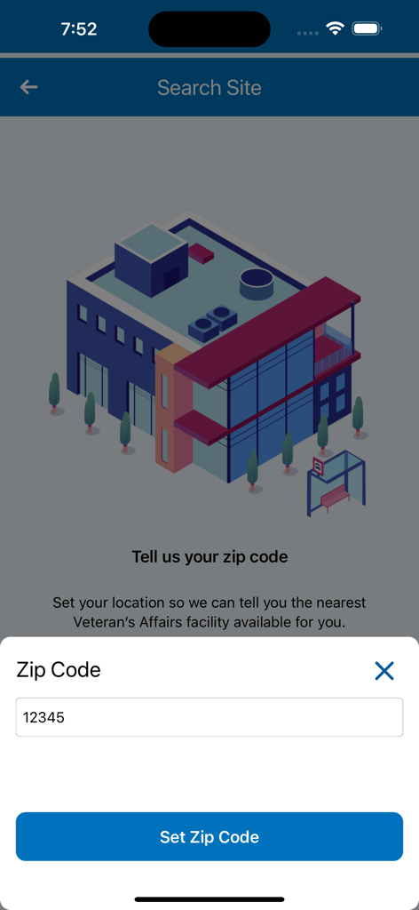 VetRide Passenger - VetRide app screen for entering a zip code to find the nearest VA facility.