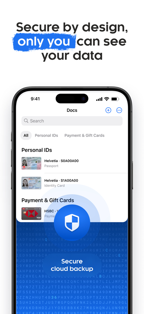 Folio: Digital Wallet App - Interfaccia dell'app Folio che mostra il backup e l'archiviazione sicuri nel cloud per documenti d'identità personali e carte di pagamento