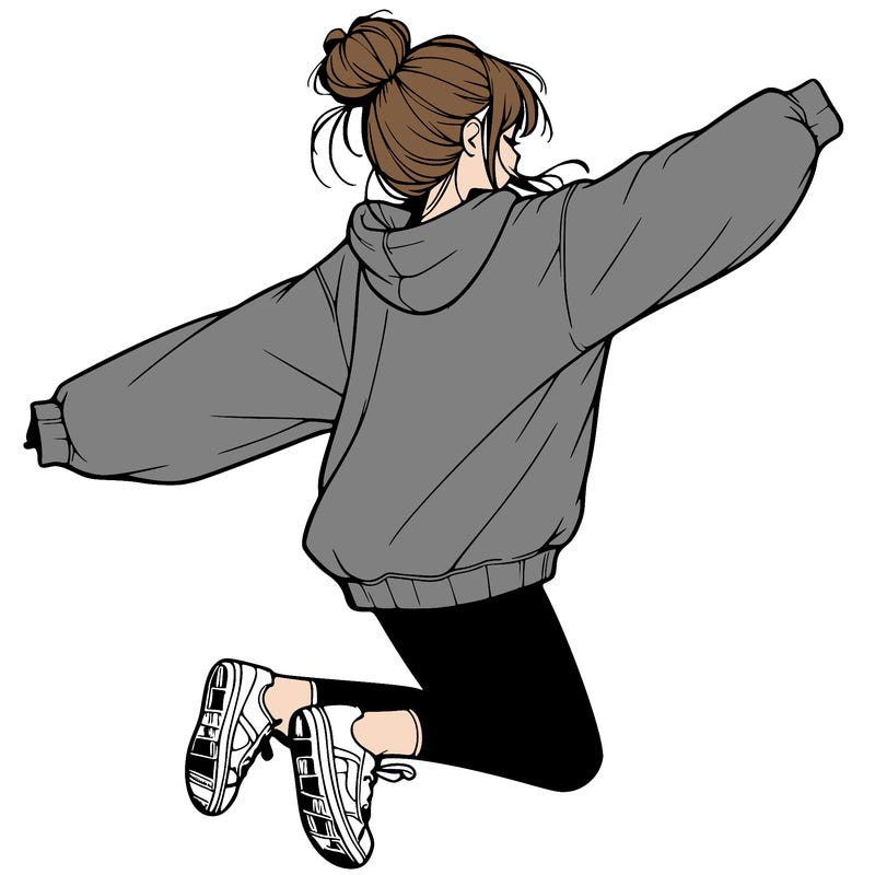 realistic girl jumping with a bun and oversized sweatshirt
