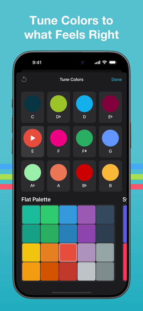 Perfect Pitch — Synesthesia - Interfaz de usuario de la aplicación Perfect Pitch que muestra la pantalla de personalización de colores para las notas musicales.