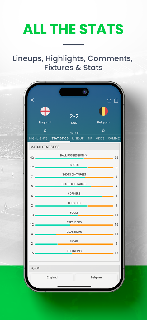 Skores - Live Scores & Results - Detailed live football match statistics showing possession and shots for England vs Belgium on the Skores app