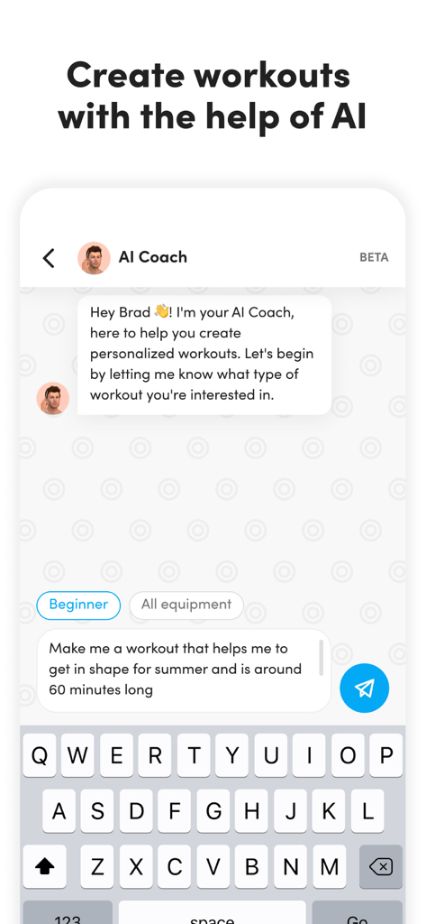 Virtuagym: Fitness & Workouts - Pantalla de chat del Entrenador IA de Virtuagym para la creación de entrenamientos personalizados