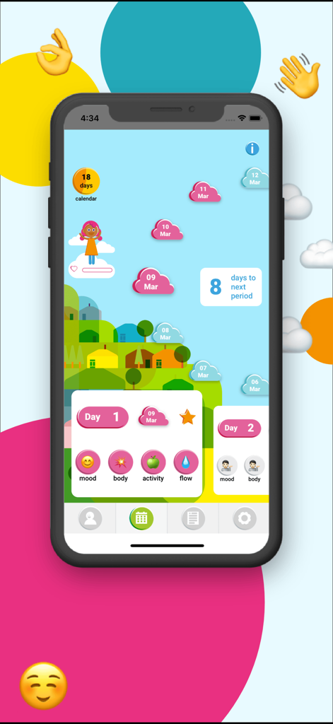 Oky Period Tracker - A colorful and gamified interface of the Oky Period Tracker app showing a calendar view with mood and body icons for girls