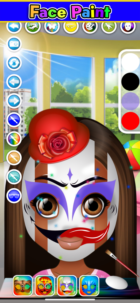 Kids Face Paint: Coloring Game - Interfaz de un juego digital de pintar caras que muestra un personaje con maquillaje de ojos morado y un sombrero de rosa roja