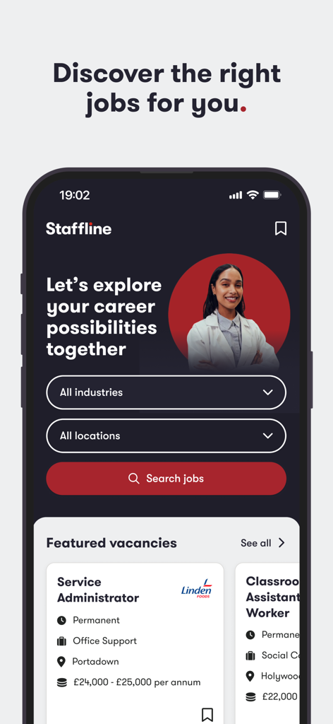 Staffline - Staffline app interface showing job search filters and featured vacancies