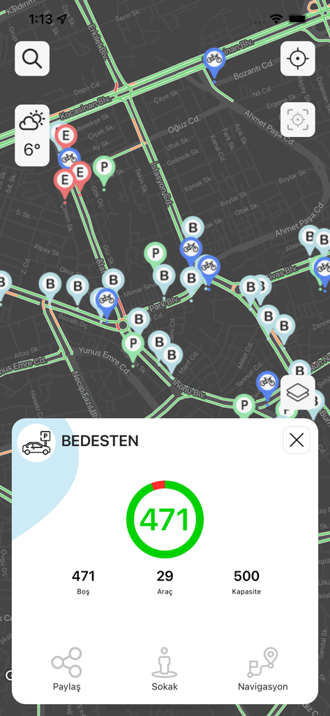 KBB Trafik - Vista mappa nell'app KBB Trafik che mostra la disponibilità dei parcheggi in tempo reale per Bedesten a Kayseri