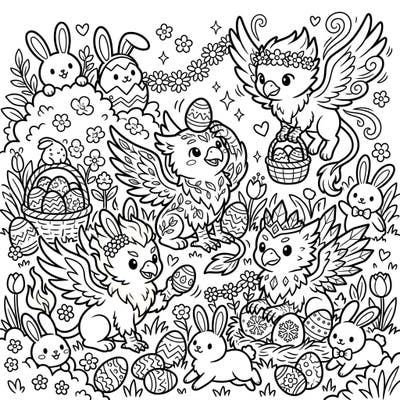 Discover a heartwarming Easter scene featuring whimsical elemental griffins and their cute bunny companions amidst a flurry of decorated eggs and spring blossoms. This enchanting design promises hours of joyful coloring as you bring the festive celebration to life.