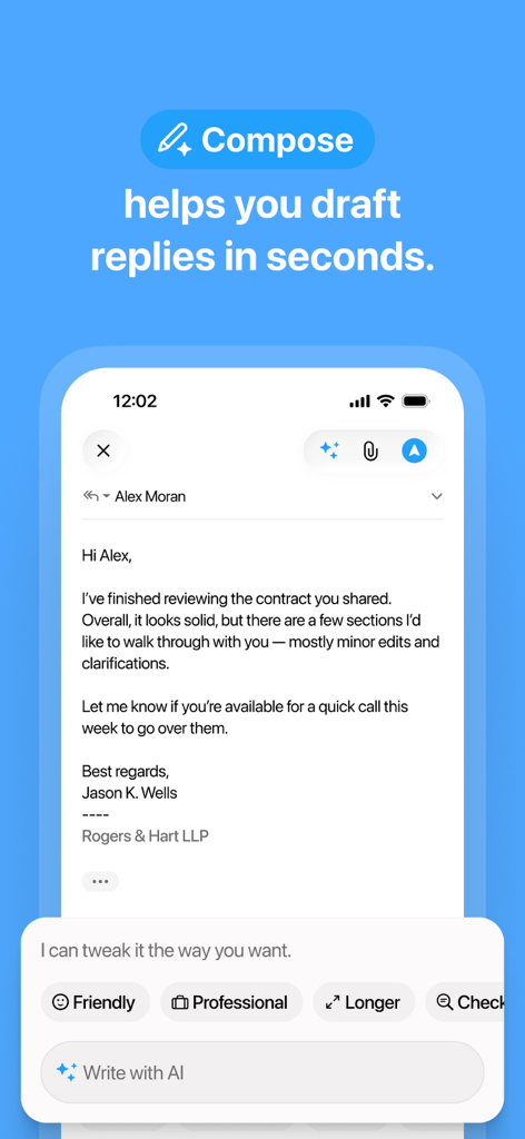 FiloMail - AI Gmail Client - FiloMail app interface showing AI email drafting with tone adjustment options