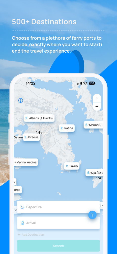 Ferryscanner: Book Your Ferry - Interaktive Karte in der Ferryscanner App, die Fährhäfen und Reiseziele für die Planung von Inselhopping-Touren zeigt.