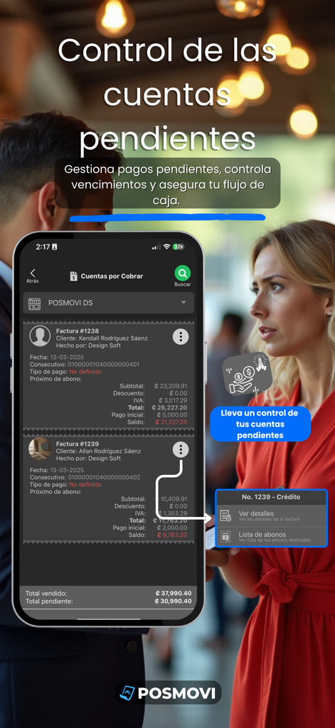 POSMOVI - POSMOVI mobile app interface for tracking accounts receivable and managing pending business payments.