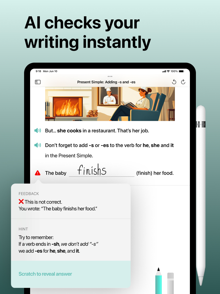 Inkly – Learn English Grammar - Inkly app interface showing AI feedback on a handwritten English grammar exercise on an iPad