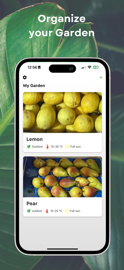 The Petals app interface displaying a personal garden collection with care details for lemon and pear plants
