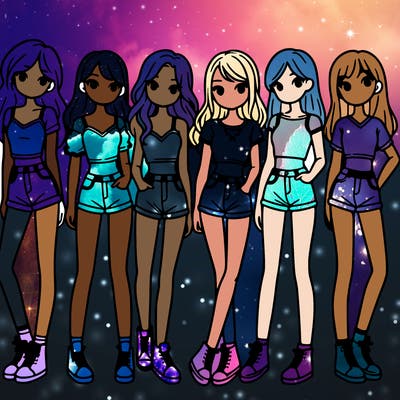 a group of girls wearing crop tops and shorts