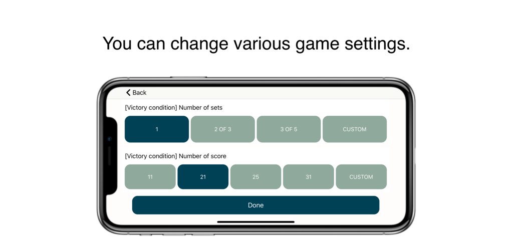 Table tennis game settings screen for selecting the number of sets and victory score.