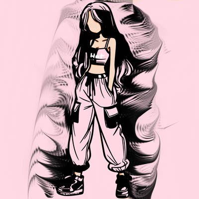 girl in baggy pants crop top and long hair