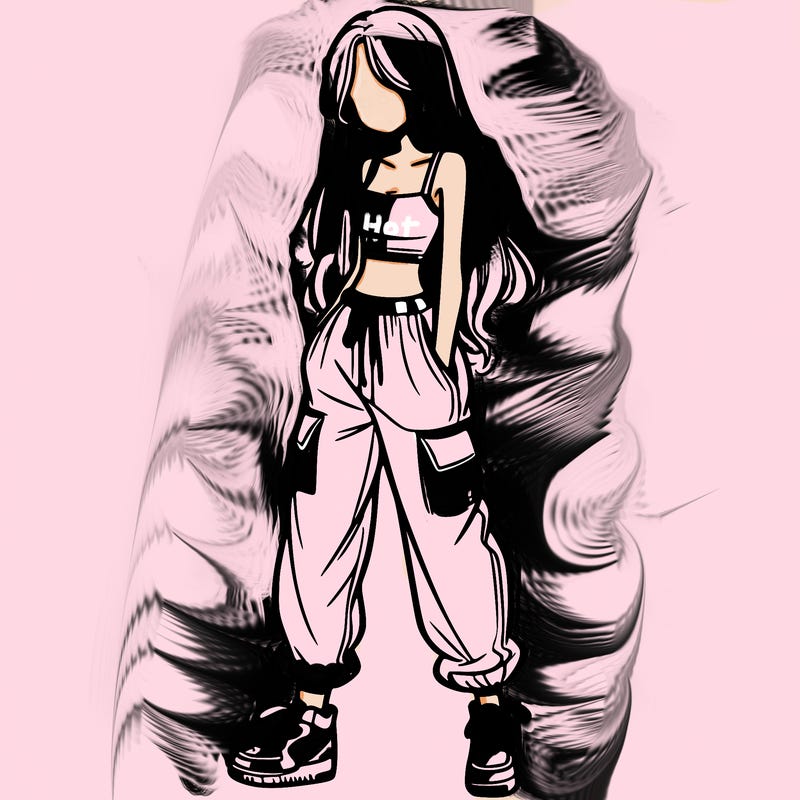girl in baggy pants crop top and long hair