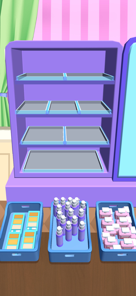 Organizing skincare and makeup products into a purple refrigerator