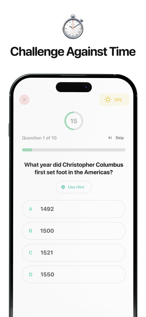 History Games: Trivia - 크리스토퍼 콜럼버스에 대한 시간 제한 역사 퀴즈 문제 휴대폰 화면