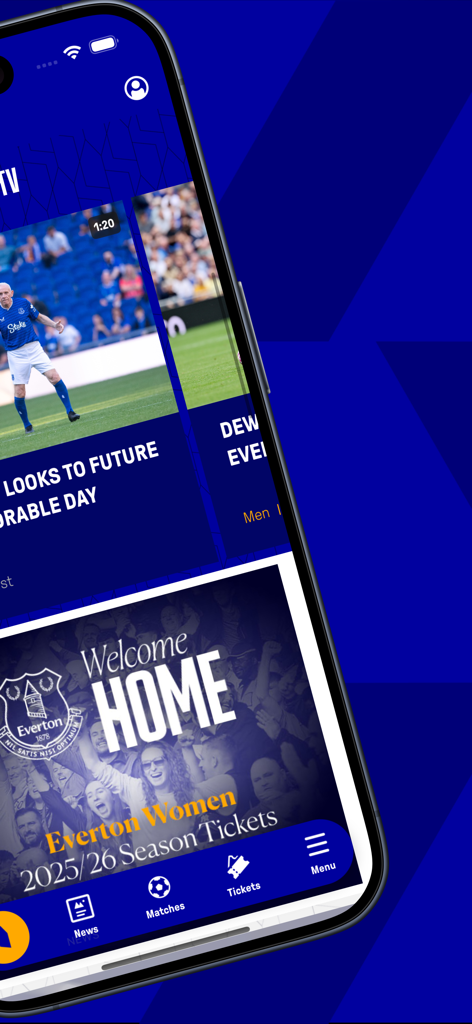 Everton - Official Everton app interface with season tickets info and Everton TV videos