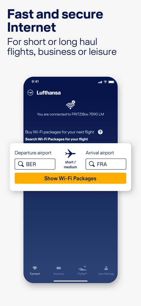 FlyNet - Lufthansa FlyNet App-Oberfläche, die zeigt, wie man nach WLAN-Paketen für Kurz- und Langstreckenflüge sucht.