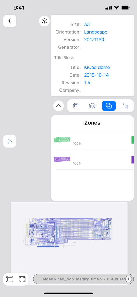 KiCAD PCB Viewer App-Oberfläche, die Board-Metadaten und Designzonen anzeigt