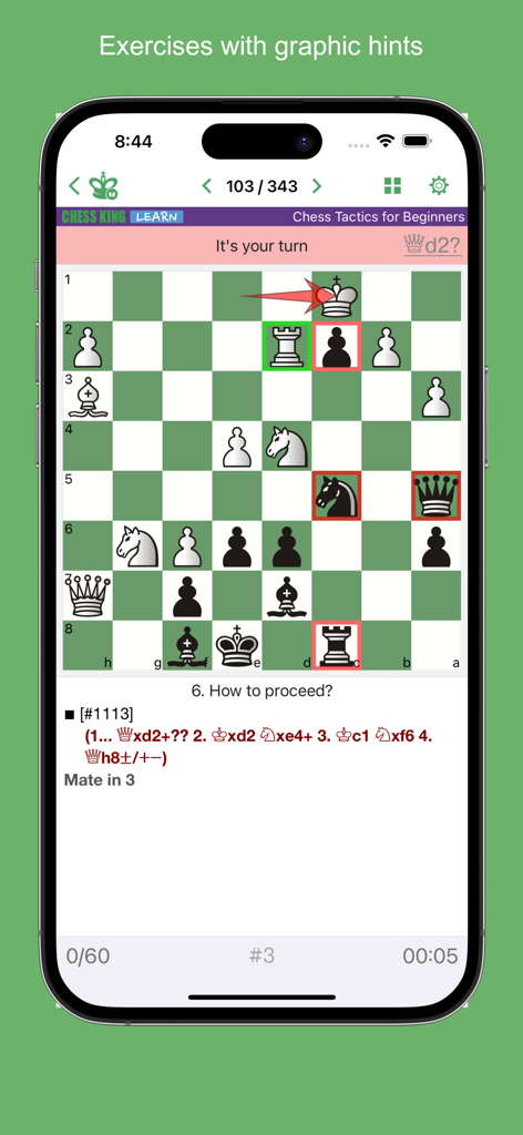 Chess King - Learn to Play - Ein Schachrätsel in der Chess King App, das eine taktische Übung mit grafischen Hinweisen und Pfeilen für ein Matt in 3 Zügen zeigt.