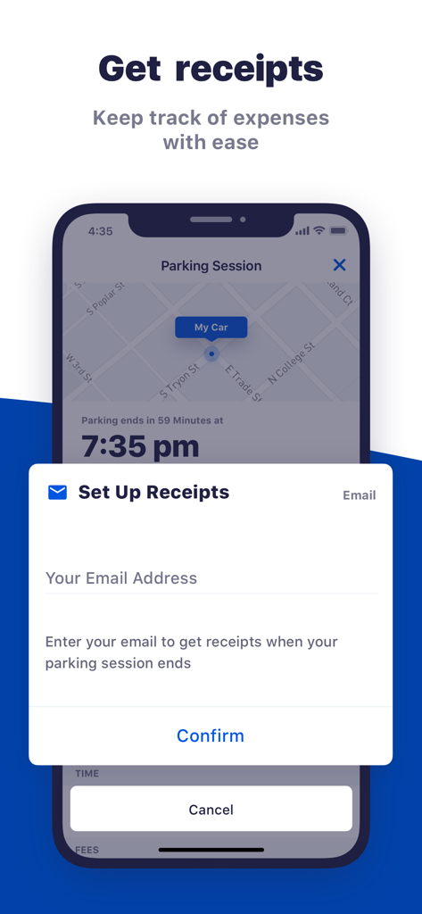ParkByApp - Un écran mobile de ParkByApp montrant l'interface de configuration des reçus pour suivre facilement les dépenses de stationnement