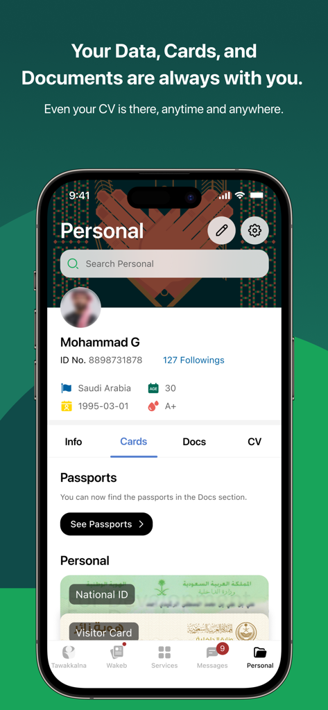 Tawakkalna - Panel de la aplicación móvil Tawakkalna mostrando el perfil personal y tarjetas de identificación digital