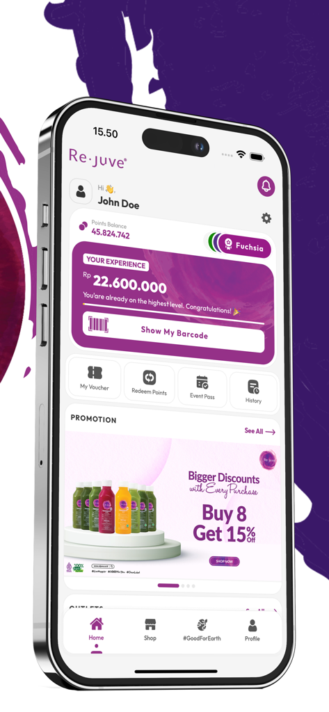 Re.juve True Cold-Pressed - Rejuve True Cold-Pressed app home screen showing loyalty points and juice promotions