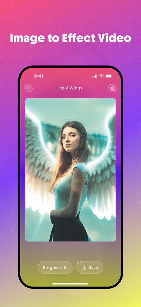 VidEffect: AI Video Effects - Tela do smartphone exibindo o efeito de vídeo IA Holy Wings aplicado ao retrato de uma mulher no aplicativo VidEffect