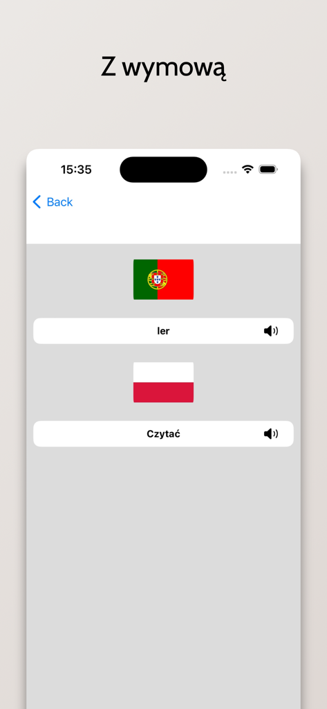 Słownik Portugalski-Polski - Tela do aplicativo de dicionário polonês-português mostrando tradução e ícones de pronúncia em áudio.