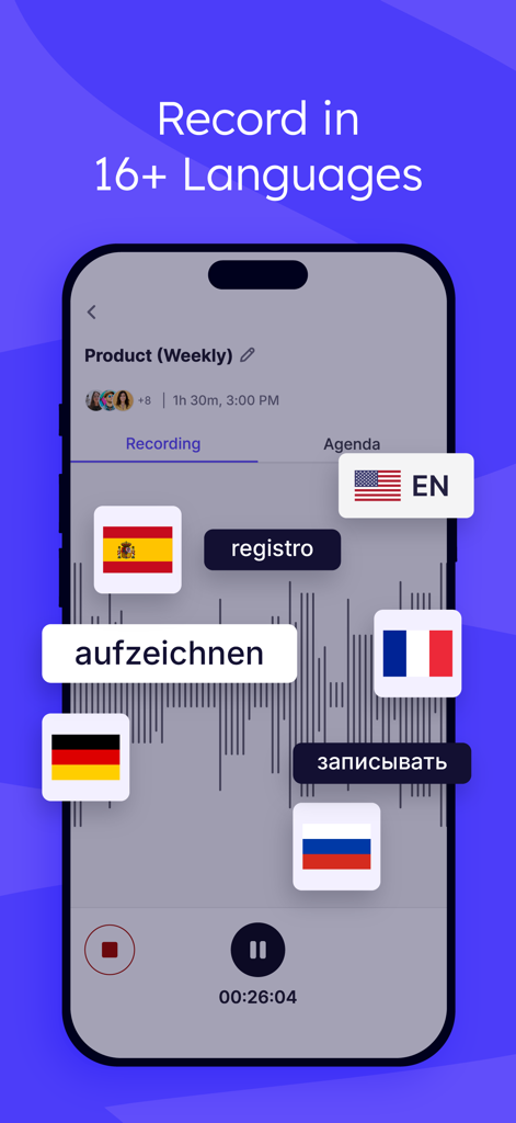 Krisp AI Meeting Note Taker - Krisp AI meeting note taker app interface showing multi-language recording support
