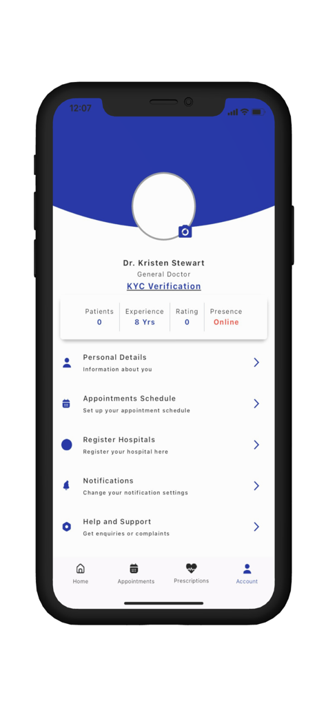 Ganat E-Clinic: Health Workers - Professional profile view of a doctor in the Ganat E-Clinic app showing years of experience and account settings
